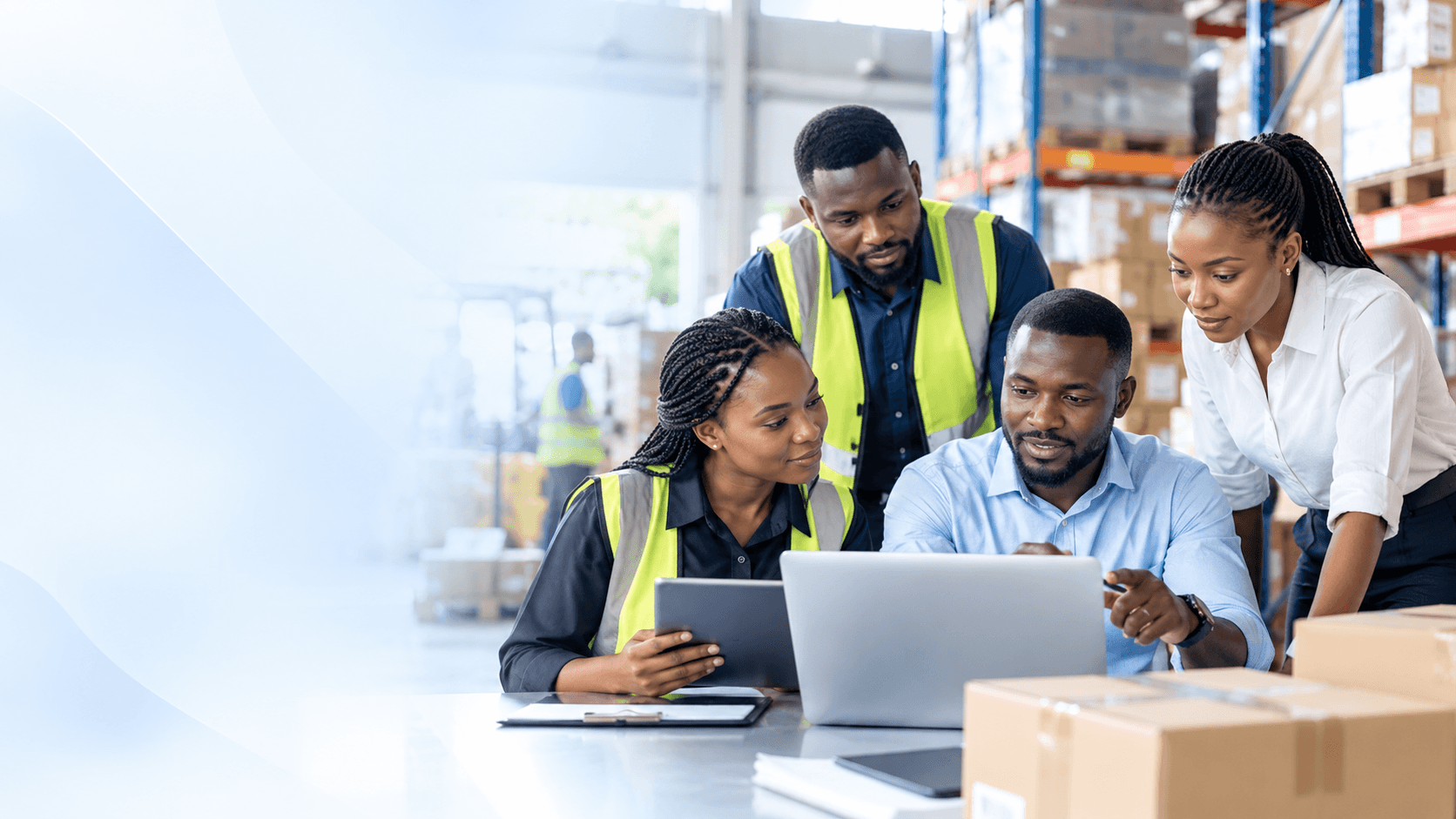 Business operations professionals collaborating around connected workflows and operational information