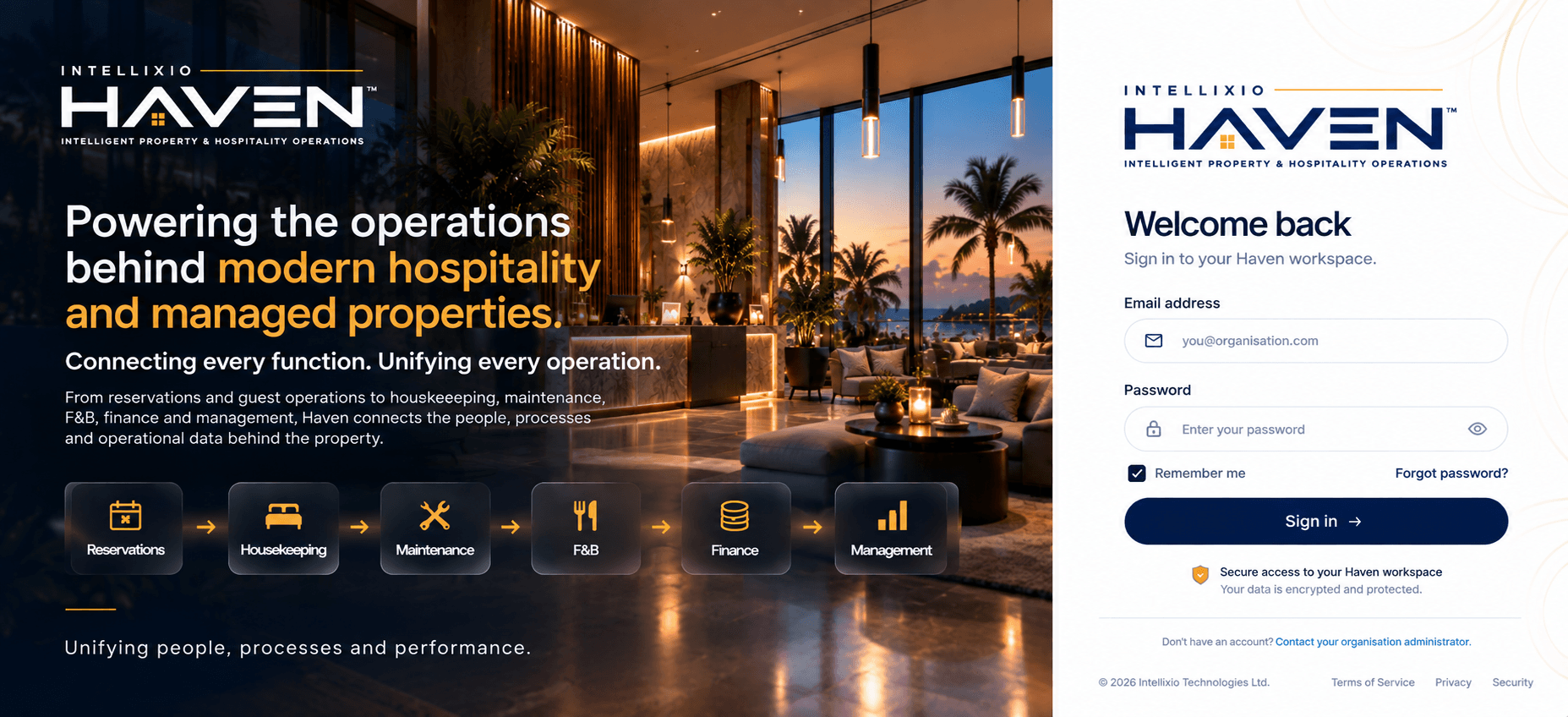 Intellixio Haven login screen showing the hospitality operations experience