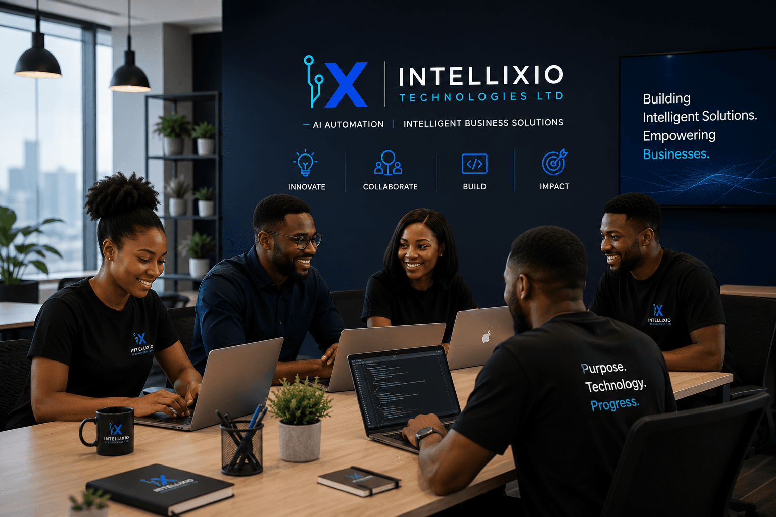 The Intellixio team collaborating around a table in a modern technology workspace